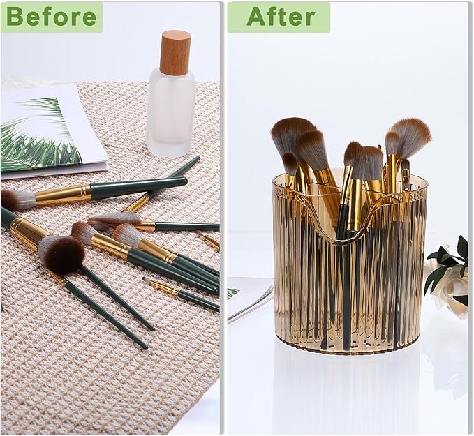 VOCOSTE Makeup Brush Cup, Makeup Organizer, 4 Slot Makeup Brush Holder, Cosmetics Storage Cup, for Vanity for Desktop, for Bathroom Countertops, Clear Brown