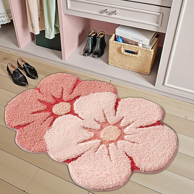 LUMI Flower Bath Rug, Funny Floral Bath Mat, Soft Plush Fluffy Red Rug, Absorbent, Non-Slip for Bathroom, Kitchen Sink, Bedroom, Kid's Bedroom, and Living Room, 20"x32", Bliss Pink