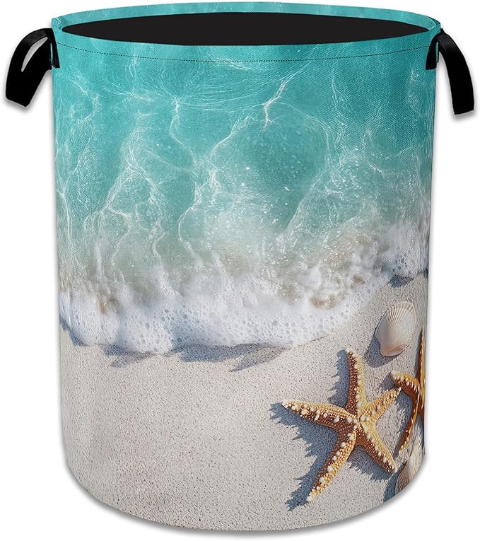 Sea Beach Starfish Laundry Basket Collapsible Laundry Hamper, Oxford Cloth Storage Bin for Room/Bathroom/Bedroom/Dormitories 16" X 20.8"