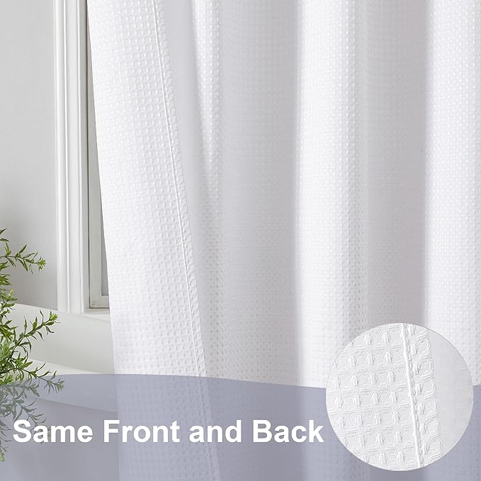 OWENIE White Shower Curtain, Waffle Weave Heavy Fabric Shower Curtain for Bathroom, Waterproof Thick Textured 420G/M Soft Elegant Luxury Hotel Spa Bath Curtains, Machine Washable, White, 72W x 72L