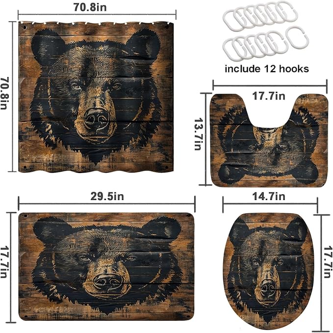 4 Pcs Rustic Lodge Bear Shower Curtain Set with Rug, Toilet Lid Cover and Bath Mat, Bear Farmhouse Cabin Wooden Art Bathroom Shower Curtain with 12 Hooks Accessories Decorative