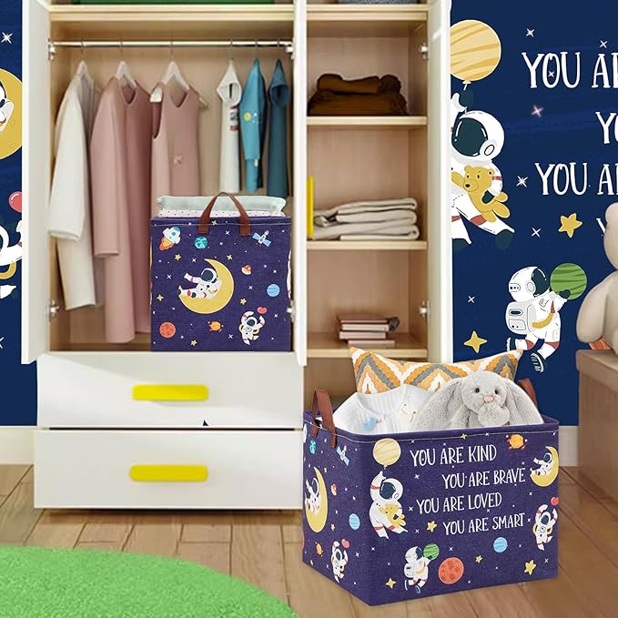 Space Room Decor Kid Storage Box,Boys Astronaut Planets Stars Organizer Toy Box Bin, Galaxy Spaceman Outer Space Blue Laundry Hamper for Baby Bedroom Classroom Nursery