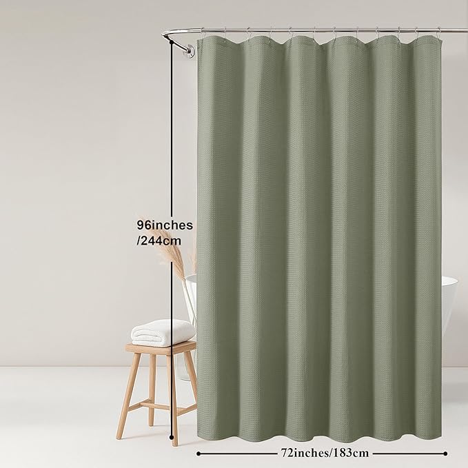 OWENIE Sage Green Shower Curtain 96 Inch Extra Long, Waffle Weave Textured Fabric Bathroom Curtains, Water Repellent Thick Soft Hotel Spa Luxury Elegant Bath Curtain, Machine Washable, 72x96 Inch