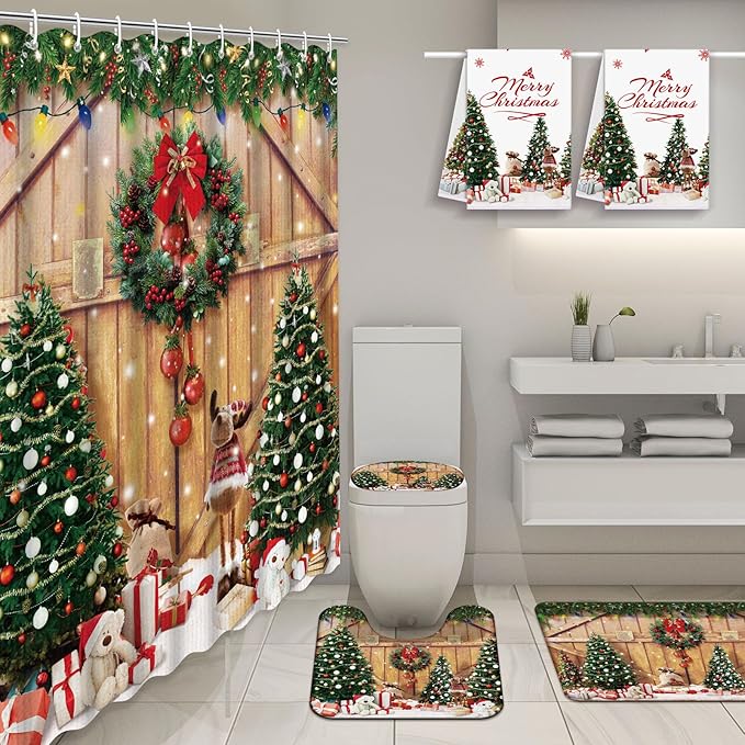 Nuanchu 6 Pcs Christmas Shower Curtain Set with Rug Bathroom Sets with Shower Curtain Bath Mat U Shaped Mat Toilet Lid Cover 2 Bath Towels and 12 Hooks Christmas Tree Bathroom Decor