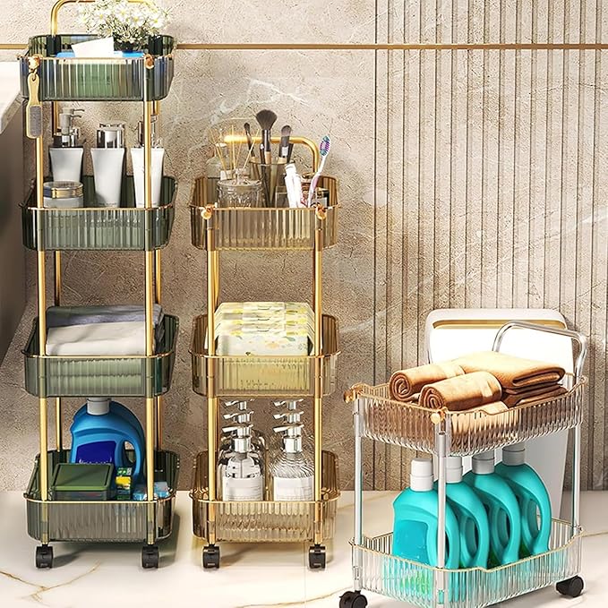 Acrylic Storage Trolley, Laundry Room Organization Mobile Shelves Bathroom Kitchen Rolling Utility Cart with Handle and Lockable Wheel(Green,14.1x10.2x27.1inch)