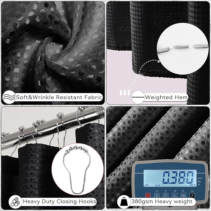 XLHOMO Bathroom Set - Black Bathroom Accessories Set, Bathroom Sets with Shower Curtain and Rugs, 25PC Shower Curtain Set with Hooks, Soap Dispenser, Soap Dish, Toilet Brush Holder and Trash Can