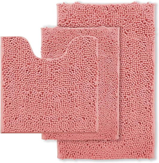 Pink Bathroom Rugs Chenille Bath Mat Set 3-Piece Bath Rugs for Bathoom Extra Soft Bath Mats for Bathoom Non Slip Absorbent Shag Bthroom Carpet, Machine Washable, Mats Sets 3 Toilet Rug