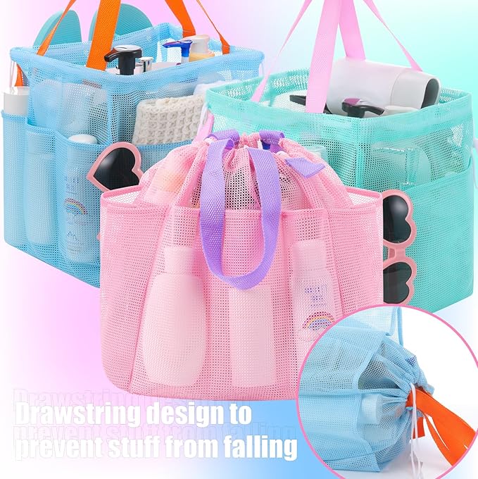 Talltalk 3 Pcs Mesh Shower Caddy Portable with Drawstring Dorm Essentials with 8 Pockets Hanging Shower Caddy Basket Quick Dry Toiletry for College Bathroom, Camping, Swim, Gym (Macarons Color)