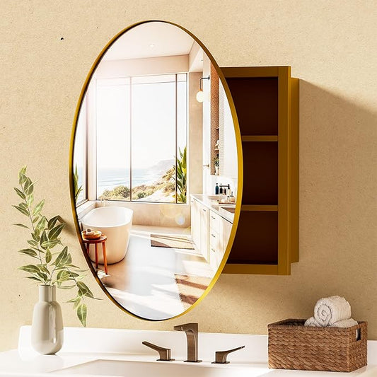 Medicine Cabinet Mirror, Wall Mounted Bathroom Vanity with Mirror, 23.2" Round Bathroom Medicine Cabinet with Storage Function, Removable Shelves, Metal, NO Assembly, Gold