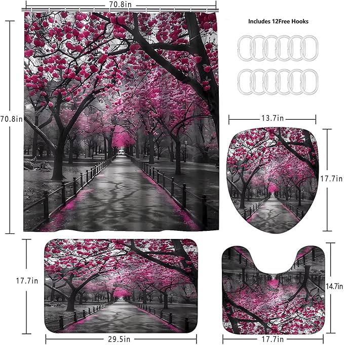 AZHM 4pcs Cherry Blossom Boulevard Shower Curtain Set Pink Flower Floral Bathroom Decor Accessories Set with Rugs and 12 Hooks