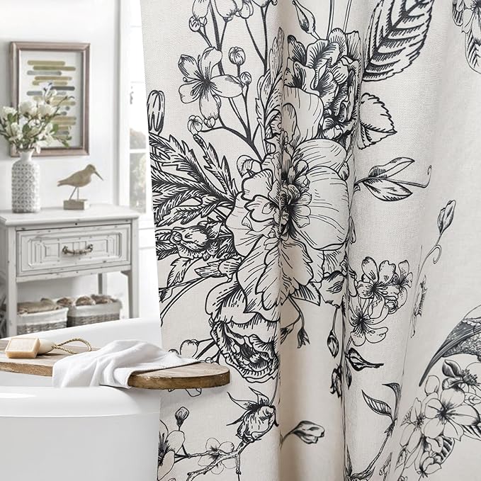 MUGINYU Black Vintage Floral Linen Shower Curtain - Bird & Leaf Print Pattern Farmhouse Rustic Toile Shower Curtains for Bathroom - French Country Bathroom Decor,72x72 Bath Curtain