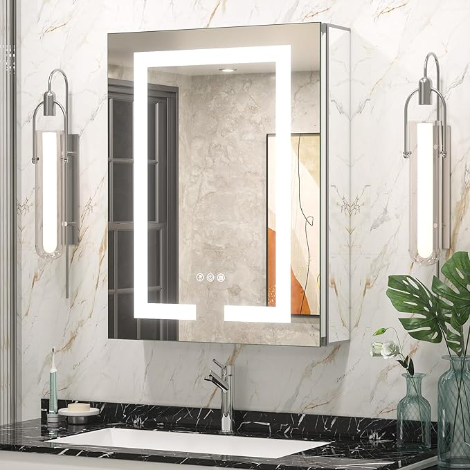 Keonjinn 20 x 26 Inch Lighted Medicine Cabinet with Mirror Surface Mount or Recessed, 3 Color Dimmable Frontlit Medicine Cabinet with Lights, Tempered Glass UL Listed LED 2-Side Mirror with Storage