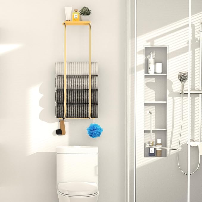 Towel Racks for Bathroom, Elegant Curved Bathroom Towel Storage Wall Mounted 30 inch with Shelf Can Holds 6 Large Towels, Wall Towel Rack for Rolled Towels, Gold