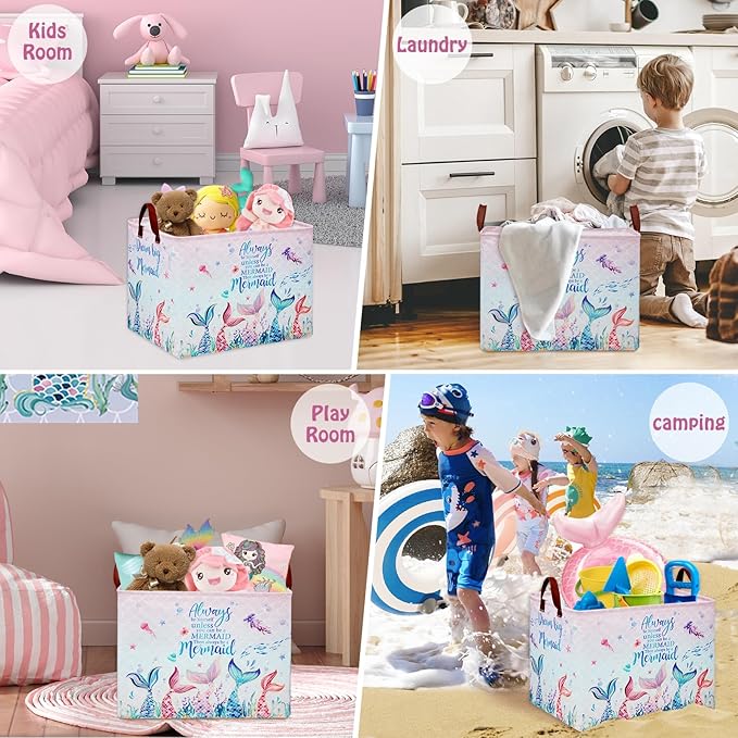 Mermaid Nursery Decor Hamper Pink Laundry Hamper Ocean Fish Animal Baby Girl Gift Basket ,Kids Storage Box Cute Beach Towel Pool Clothes Book Toy Bin,Boo Basket for Halloween