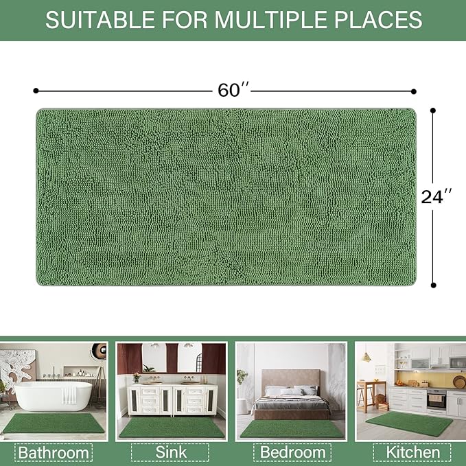 LOCHAS Luxury Bathroom Rug Shaggy Bath Mat 24 x 60 Inch, Washable Non Slip Bath Rugs for Bathroom Shower, Soft Plush Chenille Absorbent Carpets Mats, Green