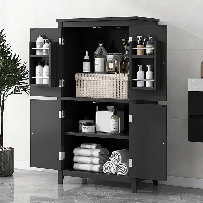 Black Bathroom Storage Cabinet Freestanding Design with 4 Doors Adjustable Shelves Waterproof MDF Board for Home Organization Bathroom Office Use