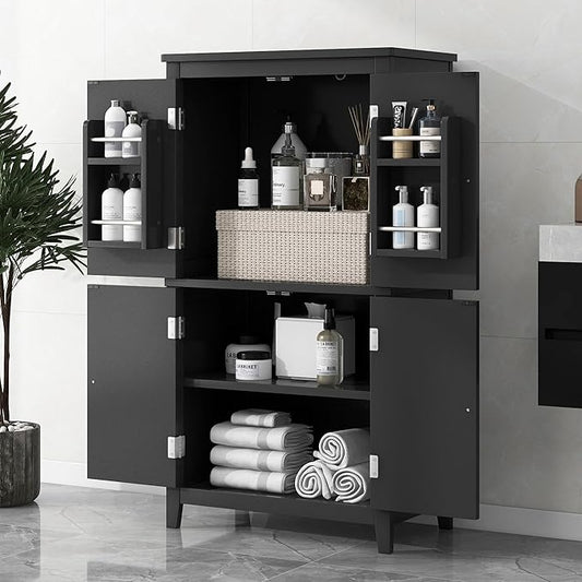 Black Bathroom Storage Cabinet Freestanding Design with 4 Doors Adjustable Shelves Waterproof MDF Board for Home Organization Bathroom Office Use