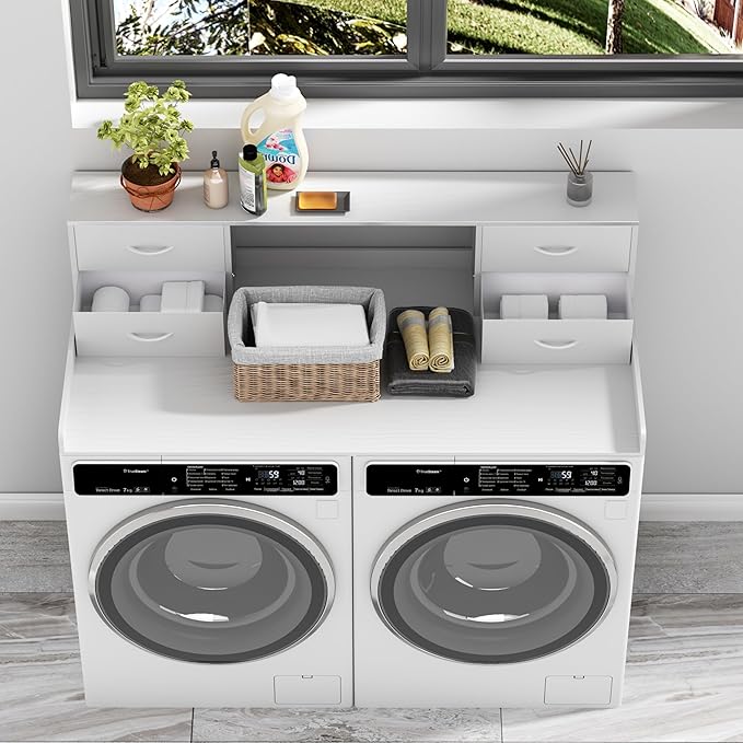 Unionly Washer and Dryer Countertop, 27.5“ D x 53.9“ W x 12.9“ H Solid Wood Washer and Dryer Countertop with Organizer Shelves with Four Drawers for Laundry Room Organization (White)