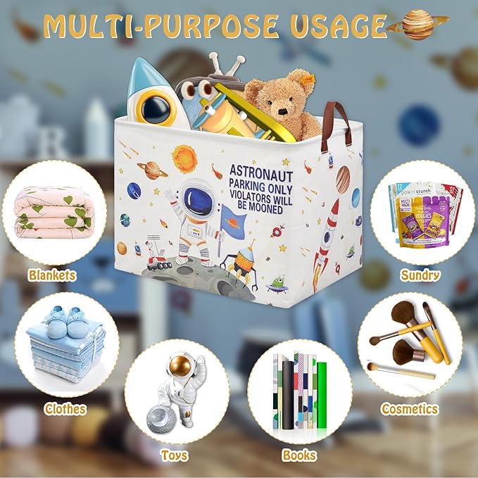 Outer Space Astronaut Nursery Basket with Inspirational Quotes ,Boy Planets Rocket Storage Bin for Baby Nursery Kids Bedroom Playroom Decor,Cute Shelf Basket Toy Box Bin (white)