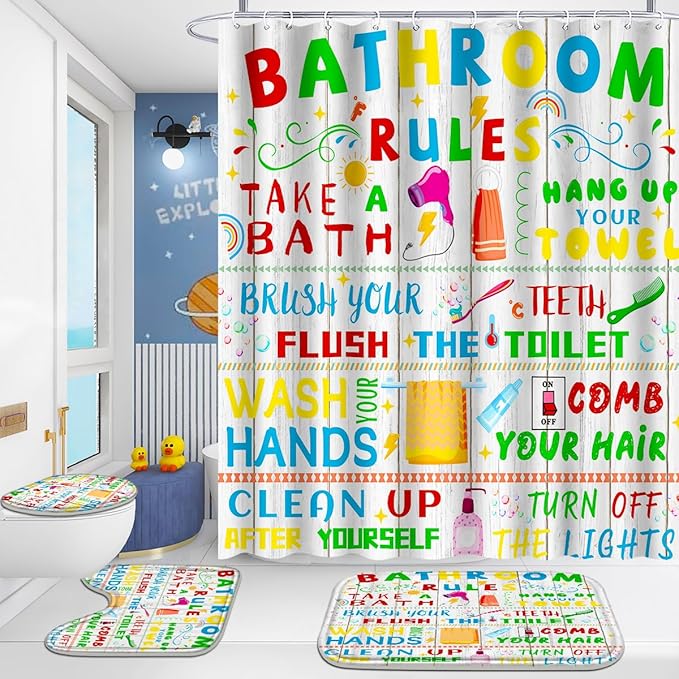 Poedist 4 Pcs Bathroom Shower Curtain Set,Kid's Bathroom Set, Space Shower Curtain Sets with Rugs(Bath Mat,U Shape and Toilet Lid Cover Mat) and 12 Hooks-05