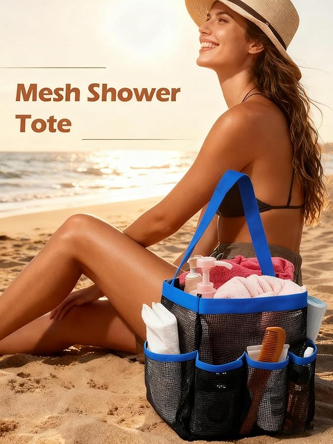 Mesh Shower Caddy Bathroom Portable College Dorm Essentials for Girls Guys Shower Tote Beach Camp Travel Hanging Toiletry Bag Blue