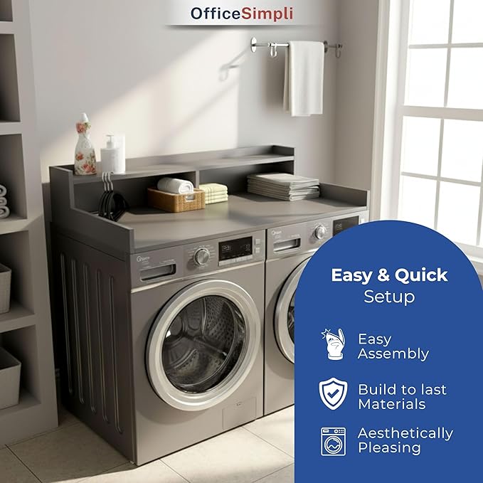 OfficeSimpli Washer Dryer Countertop with Shelf - 27.5 x 54 Inch - Made in USA Laundry Countertop Over Washer and Dryer with Non-Slip Pads, Storage Shelf, Laundry Topper Organizer, Grey