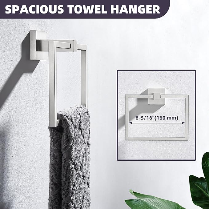 APLusee Brushed Nickel Towel Ring, 304 Stainless Steel Square Bathroom Towel Holder, Wall Mounted