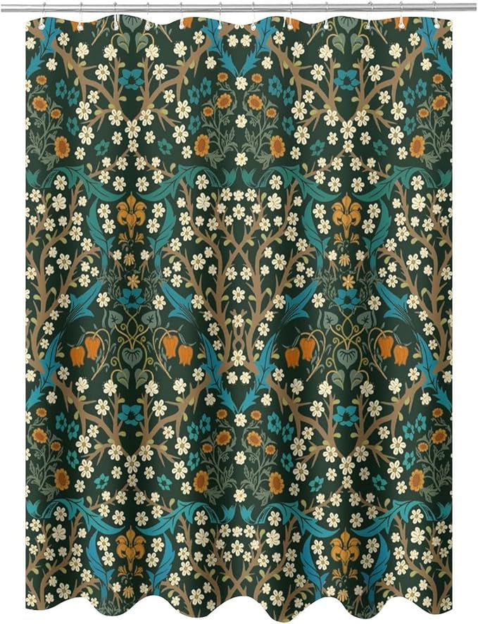 Mid Century Vintage Daisy Waterproof Fabric Shower Curtain,Green Garden Flower William Morris Abstract Art Soft Hotel Quality Cloth Shower Light-Weight & Machine Washable - 72L x72W