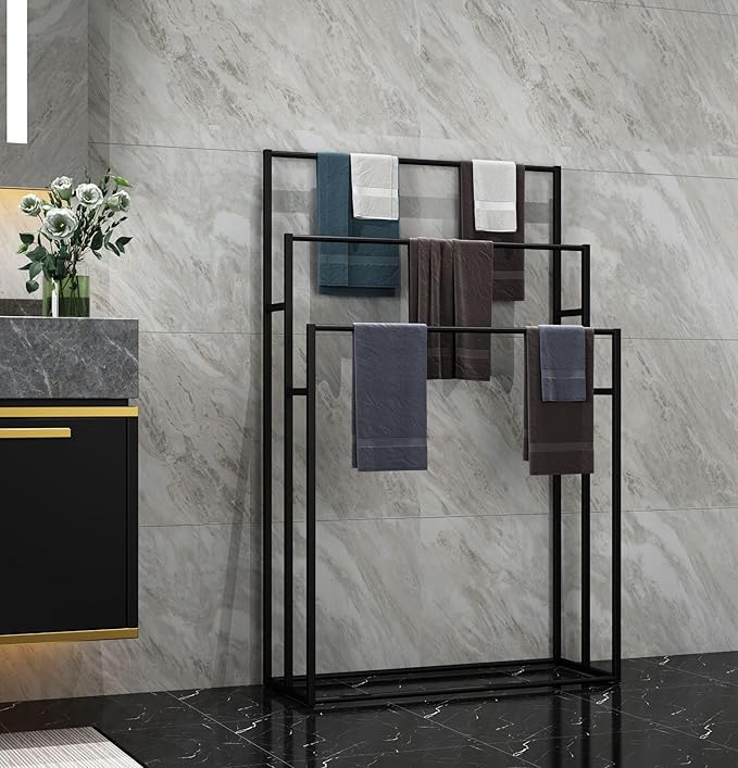 3 Tier Standing Towel Rack - Extra Wide Large Bathroom Towel Stand, Heavy-Duty Metal Towel Drying Rack for Poolside (Matte Black, 25.6” Wide)