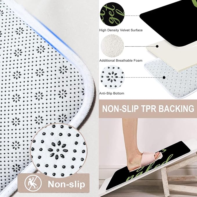 ArtSocket 4PC Green Let's Get Naked Shower Curtain Sets Black Bathroom Decor with Rugs, Non-Slip Rug,Toilet Lid Cover, Bath Mat and 12 Hooks 72x72 inches