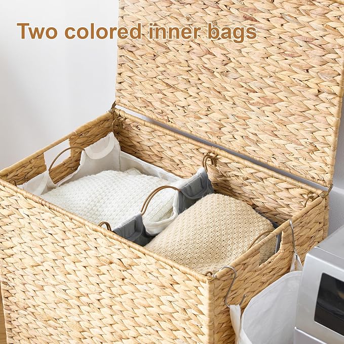 Laundry Hamper with Wheels, 40.92 Gallon(155L) Water Hyacinth Laundry Basket with Lid, 2-Section Wicker Clothes Hamper with 2 Removable Liners, Laundry Sorter with Side Pocket, Natural