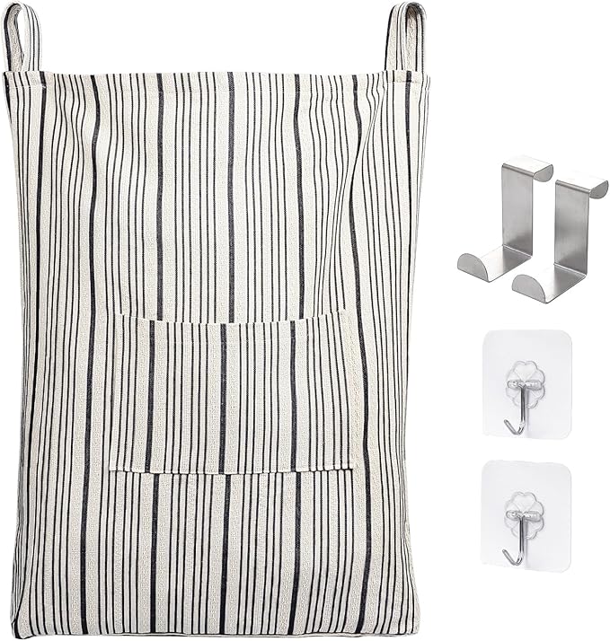 AELS Farmhouse Hanging Laundry Hamper with 2 Hooks, Washable Beige & Black Stripes Laundry Bag with Zipper & Wide Open Top, Over the Door Organizer for Dirty Clothes, Space Saving Storage