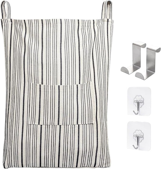 AELS Farmhouse Hanging Laundry Hamper with 2 Hooks, Washable Beige & Black Stripes Laundry Bag with Zipper & Wide Open Top, Over the Door Organizer for Dirty Clothes, Space Saving Storage