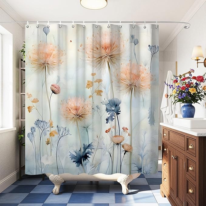 Watercolor Floral Shower Curtains with Dandelion Decor,Botanical Wildflower Shower Curtain 72x72 Inch,Light Blue and Pink Flower Waterproof Polyester Bath Accessories for Home and Apartment