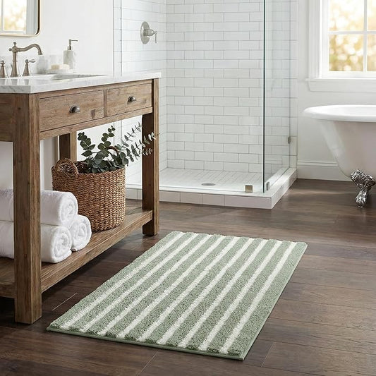 GRANNY SAYS Striped Bathroom Rugs Non Slip, 20" x 32", Bath Rugs for Bathroom Washable, Bath Mats for Floor, Microfiber Bath Mat for Tub, Absorbent Bath Rugs for Shower Room, Sage Green