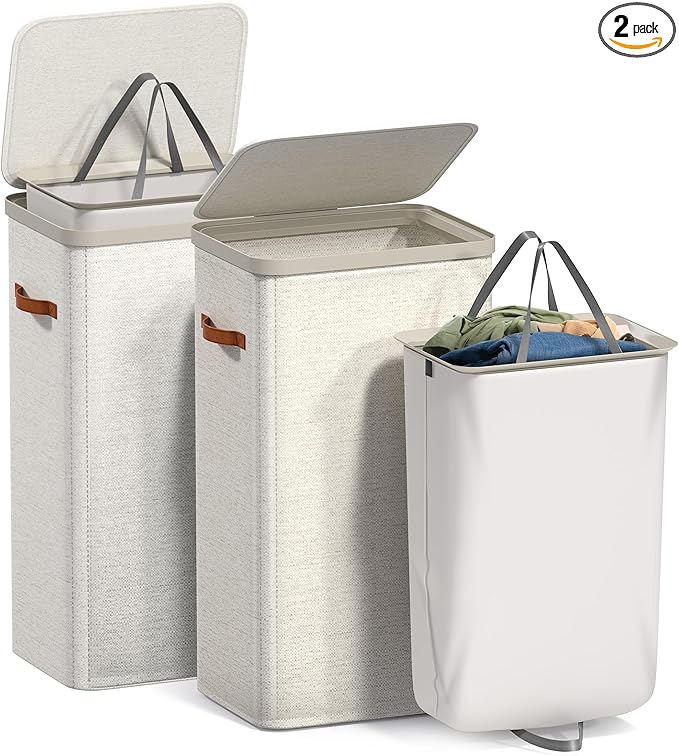 Sorbus Laundry Hamper with Lid – Collapsible Fabric Laundry Basket with Handles and Removable Laundry Bag – 26.5 Gallon (100 L) Dirty Clothes Hamper for Bedroom, bathroom and dorm - 2 Pack (Beige)