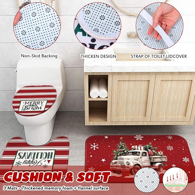 Drydiet 4 Pcs Christmas Shower Curtain Set Bathroom Decoration Non Slip Rugs Mat Toilet Lid Cover Shower Curtain for Xmas Holiday Farmhouse Home Bathroom Decor(Red Christmas)