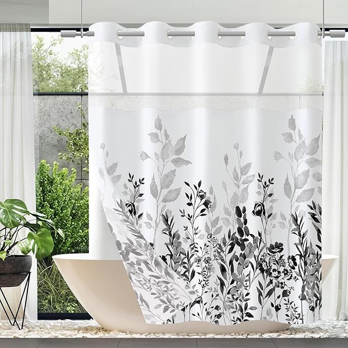 Neasow No Hook Shower Curtain with Snap in Liner, Plant and Flower Curtains with Waterproof Inner Liner for Bathroom, Black and Grey 72×74 inches