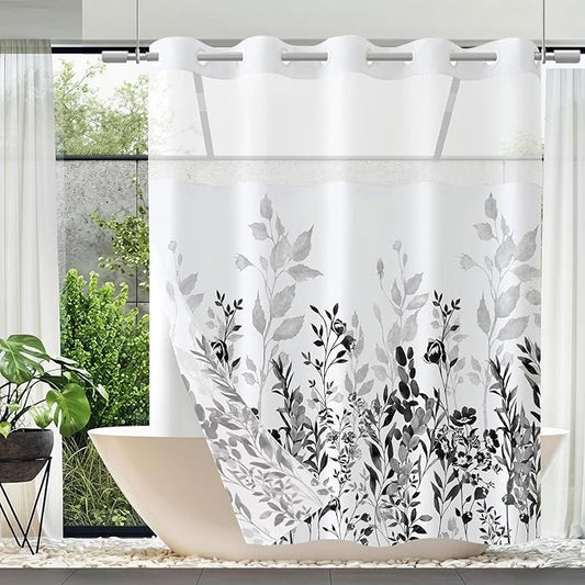 Neasow No Hook Shower Curtain with Snap in Liner, Plant and Flower Curtains with Waterproof Inner Liner for Bathroom, Black and Grey 72×74 inches