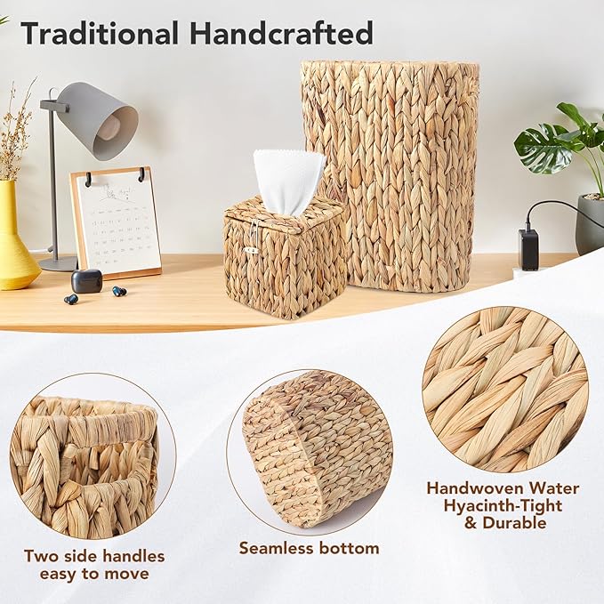 Bathroom Accessory Set, 10 Pieces Bath Set- Wicker Trash Can Tissue Box Soap Dish Toothbrush Holder Rinse Cup Lotion Bottle Toilet Brush Qtip Holder - Practical Bathroom Decor Sets (Ratten, Black)