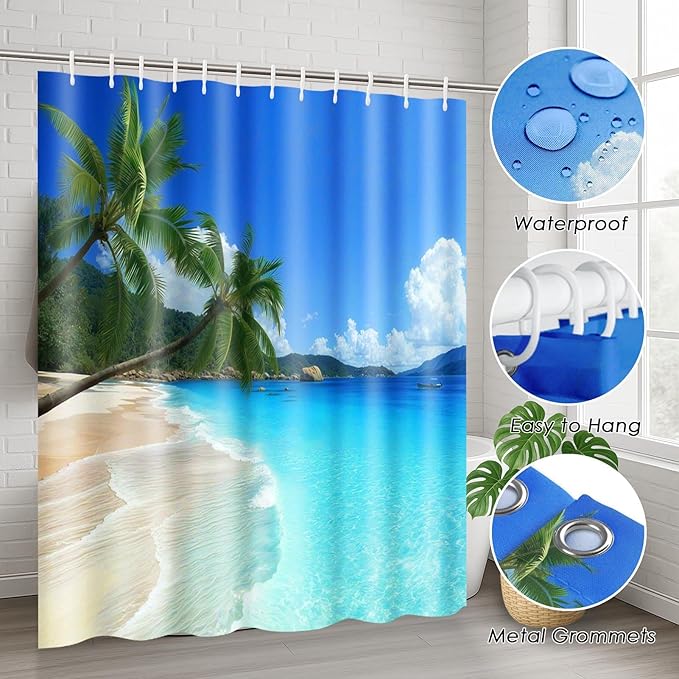 Britimes 4 Piece Shower Curtain Sets, with 12 Hooks, Tree Tropical Beach with Non-Slip Rugs, Toilet Lid Cover and Bath Mat for Bathroom Decor Set, 72" x 72"