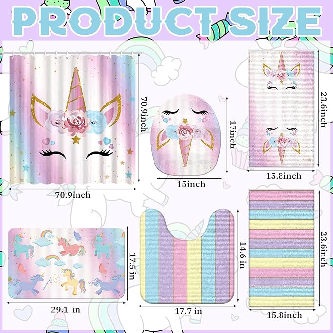 Nuanchu 6 Pcs Unicorn Shower Curtain Set with Rug Rainbow Unicorn Bathroom Sets with Shower Curtain Bath Mat U Shaped Mat Toilet Lid Cover 2 Bath Towels and 12 Hooks Pink Girls Bathroom Decor