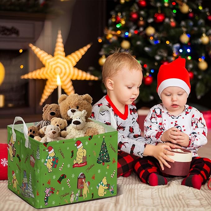 Winnie Theme Christmas Baskets Decor,the Pooh Baby Stuff, Large Square Canvas Baby Laundry Hamper with A Waterproof PE Coating,Foldable Storage Bin for Toys and Clothes