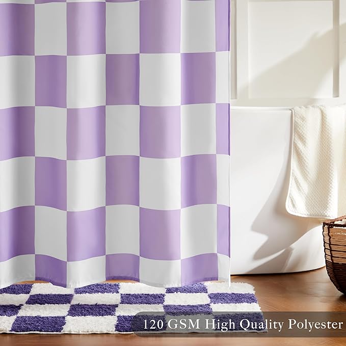 Checkered Shower Curtain, Lavender Purple Shower Curtains for Bathroom, Cute Retro Checkboard Shower Curtain Vintage Aesthetic, Washable Fabric Bath Curtain 72''x72''