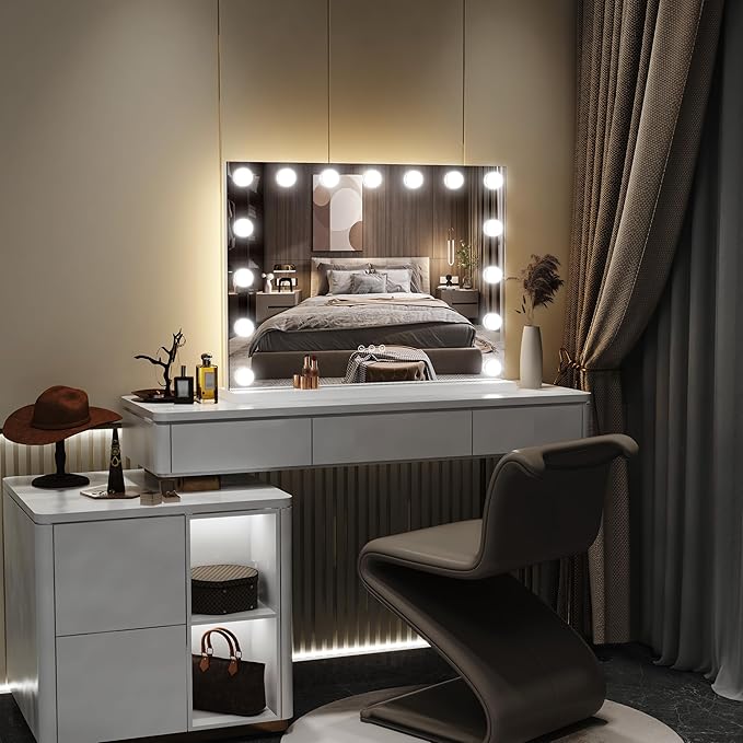 FENNIO Hollywood Vanity Mirror with Lights 23x18,Large Lighted Mirror Makeup Mirror with 15 Dimmable LED Bulbs, 3-Color Lighting