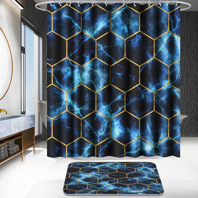 Poedist Shower Curtain Set with Rugs,Bathroom Accessory Set, Including Non-Slip Rugs,Toilet Lid Cover and Bath Mat, Waterproof Shower Curtain with 12 Hooks,Lightning Honeycomb Marble