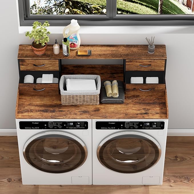 Unionly Washer and Dryer Countertop, 27.5" D x 53.9" W x 12.9" H Solid Wood Washer Dryer Countertop with Organizer Shelves with Four Drawers for Laundry Room Organization (Rustic Brown)