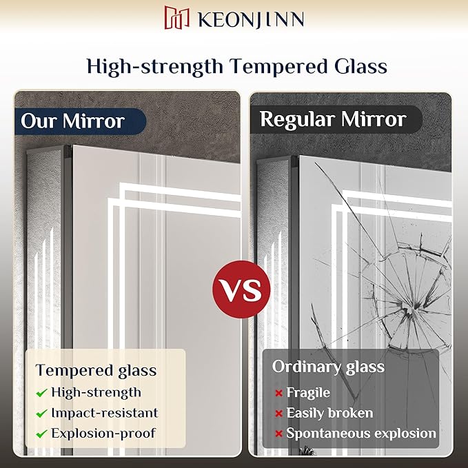 Keonjinn 24 x 32 Inch Medicine Cabinet with Lights, Bathroom LED Medicine Cabinet Mirror, Tempered Glass, UL-Listed, Adjustable Shelves, No Outlets, 3 Color Temperature, Dimmable, Wall Mount Only