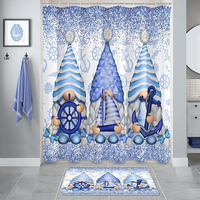 Litabel 4 Pcs Winter Gnomes Shower Curtain Set with Non-Slip Rugs, Toilet Lid Cover and Bath Mat, Nautical Marine Bathroom Decor Set with Shower Curtain and Rugs(Hooks Not Included)
