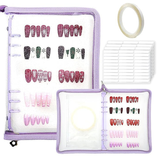 Press On Nail Storage Organizer with 4 Insert Pages - A5 Size Portable False Nail Storage Box for Collecting and Organizing Tips with Tape and Zipper Pocket (Purple)